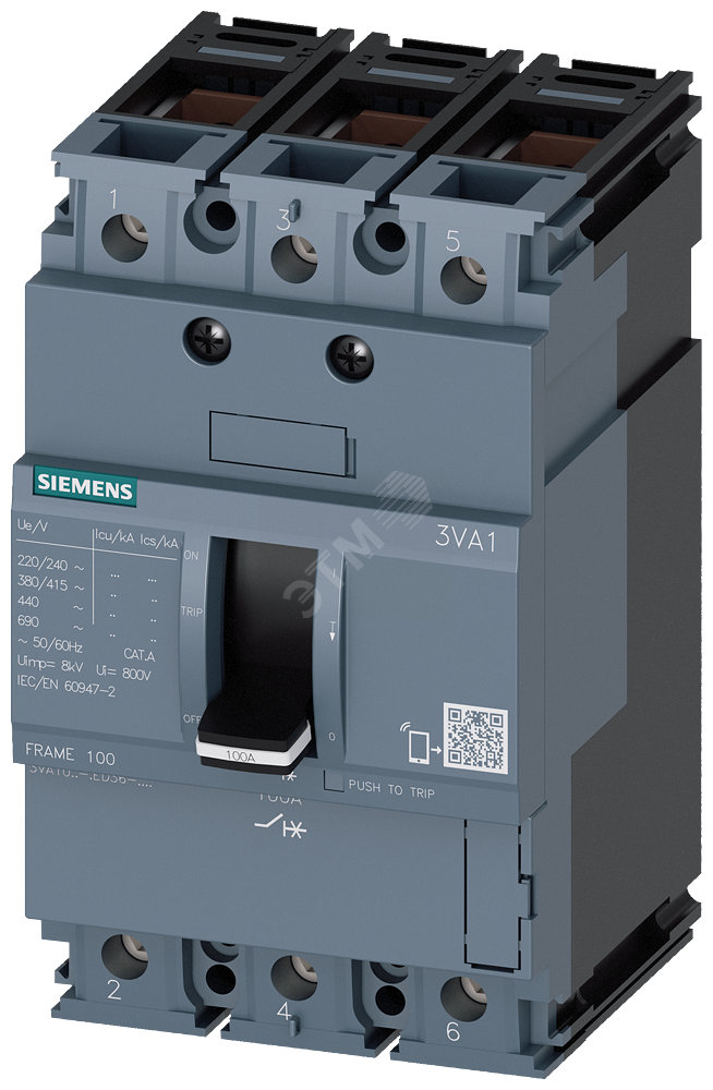 Выключатель в литом корпусе 3VA1 IEC типоразмер 100 класс отключающей способности N ICU=25кА 415В 3P TM210 FTFM IN=50A 3VA1050-3ED36-0AF0 SIEMENS