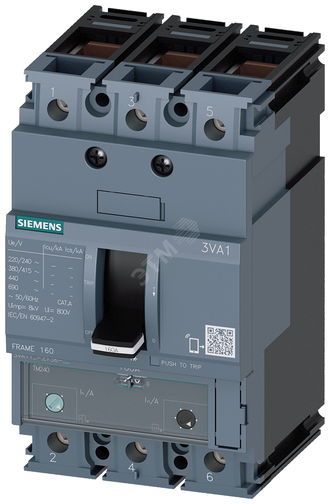 Выключатель в литом корпусе 3VA1 IEC типоразмер 160 класс отключающей способности N ICU=25кА 415В 3P TM240 ATAM IN=160A 3VA1116-3EF36-0HC0 SIEMENS