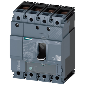 CIRCUIT BREAKER 3VA1 IEC FRAME 160 BREAKING CAPACITY CLASS M ICU=55KA @ 415 V 4-POLE, LINE PROTECTION TM220, ATFM, IN=63A OVERLOAD PROTECTION IR=44,1A ...63A SHORT CIRCUIT PROTECTION II=10 X IN NEUTRAL PROTECTION 100% BUSBAR CONNECTION