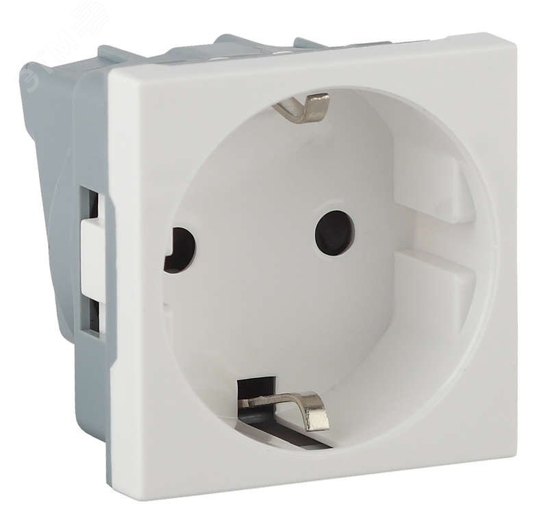Изображение товара Розетка модульная с заземлением и шторками 45х45мм белая RUVinil