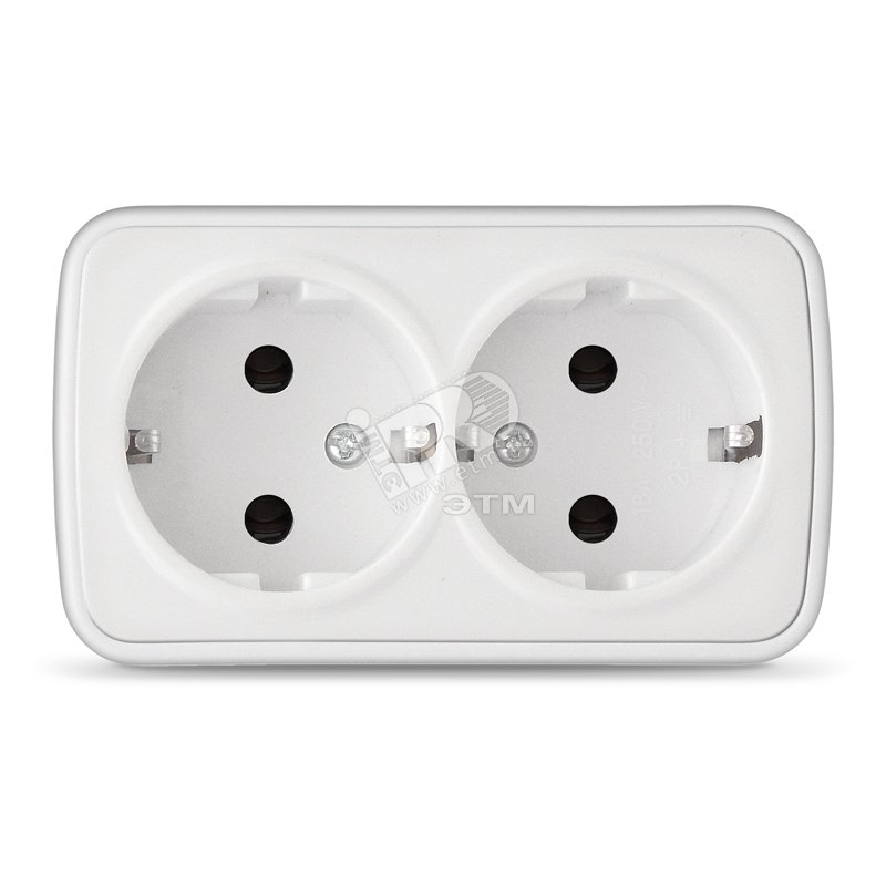 Изображение товара Розетка Электра двойная с заземлением белая открытая монтаж 16 А