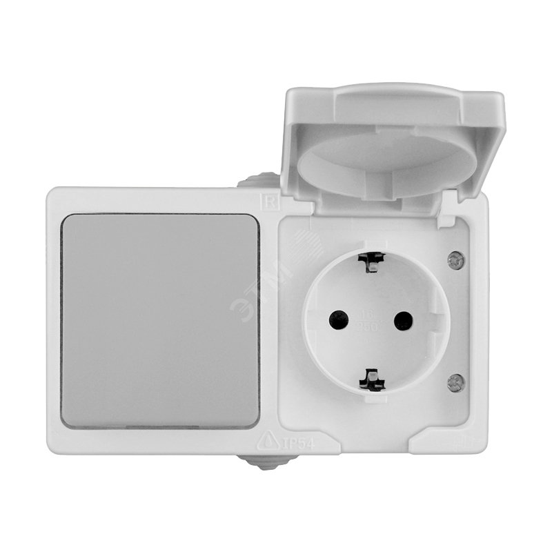 Изображение товара Блок горизонтальный Аллегро выключатель 1 клавиша и розетка с заземлением IP54 серый