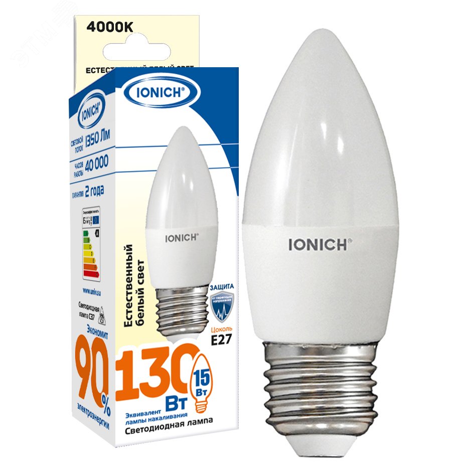 Изображение товара Лампа светодиодная IONICH свеча C37 15Вт 1350Лм 230В 4000К E27