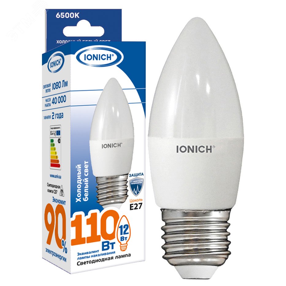 Изображение товара Декоративная светодиодная лампа IONICH C37 12ВТ свеча E27 6500К