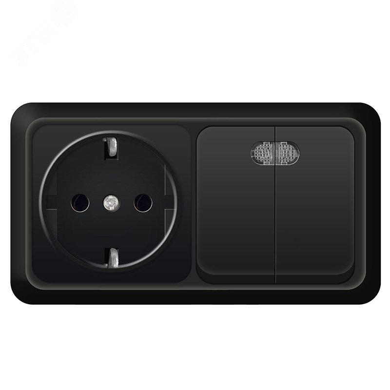 Изображение товара Блок UNIVersal серия Олимп выключатель двухклавишный с подсветкой и розеткой 16А черный