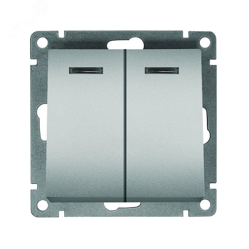 Изображение товара Выключатель двухклавишный с подсветкой UNIVersal серия Афина , с/у, 10А, 220В, серебро (еврослот), механизм (шт)