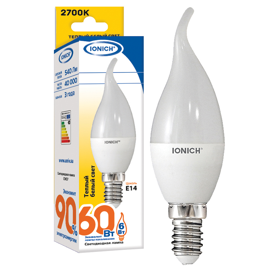 Лампа светодиодная LED 6w 2700К, E14, 540Лм, свеча на ветру IONICH