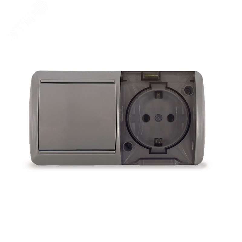 Изображение товара Клио блок наружный горизонтальный: выключатель одноклавишный + розетка одноместная с прозрачной крышкой, IP54, с/з, 16А, 220В, серый (шт)