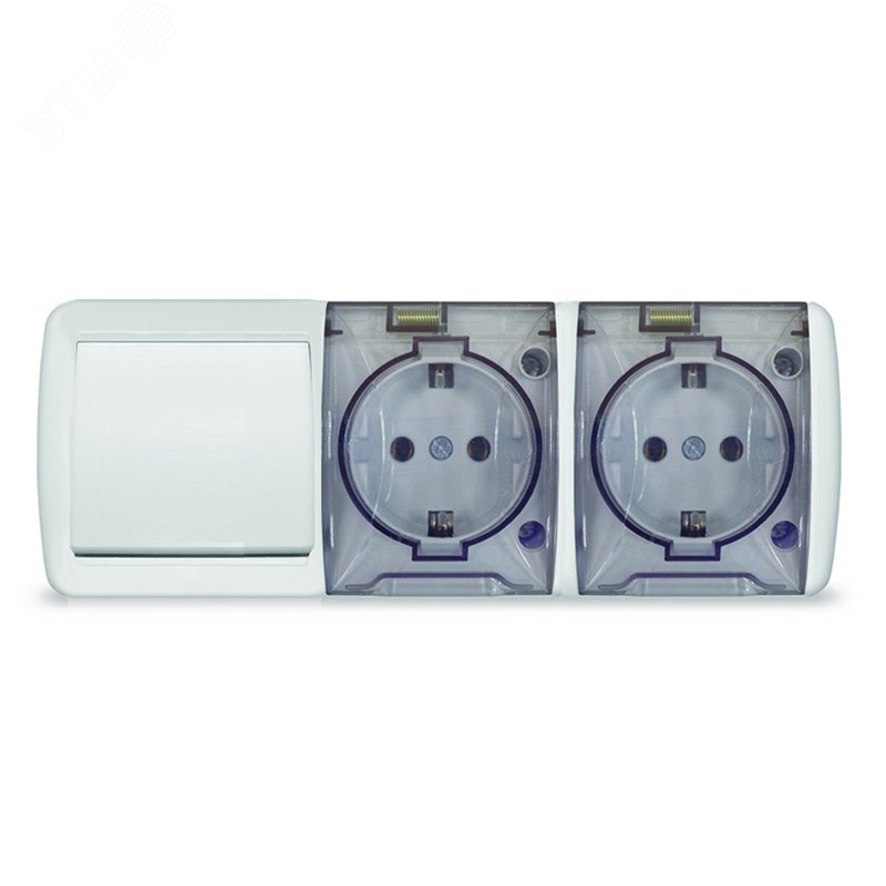 Изображение товара Клио блок наружный горизонтальный: выключатель одноклавишный + розетка двухпостовая с прозрачной крышкой, IP54, с/з, 16А, 220В, белый (шт)