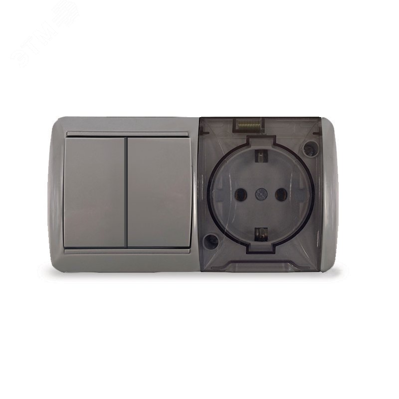 Изображение товара Клио блок наружный горизонтальный выключатель двухклавишный и розетка IP54 16А 220В серый