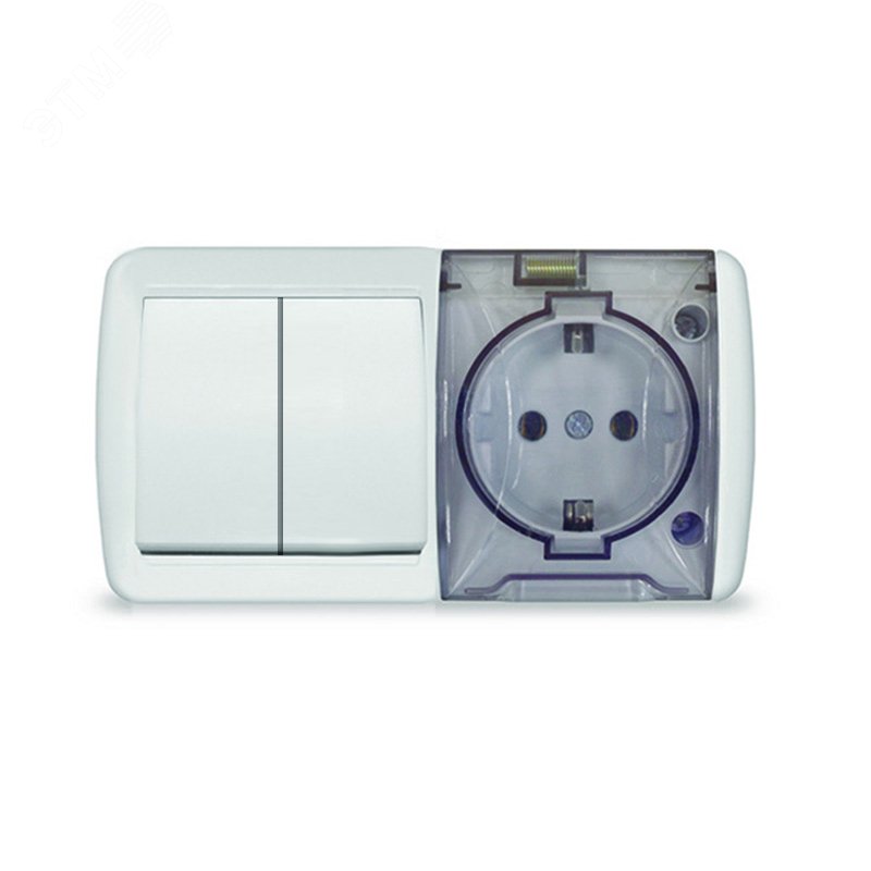 Изображение товара Клио блок наружный горизонтальный: выключатель двухклавишный + розетка с прозрачной крышкой, IP54, с/з, 16А, 220В, белый (шт)