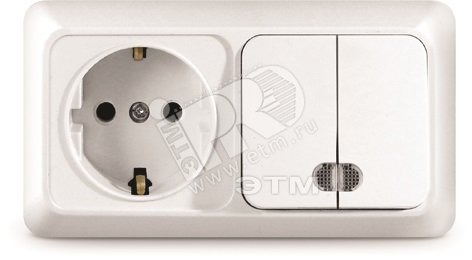 Изображение товара Блок выключатель двуклавишный с подсветкой и розеткой Олимп горизонтальный белый