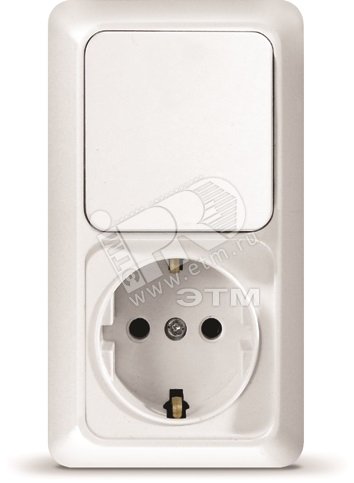 Изображение товара Блок выключатель одноклавишный с розеткой заземлением Олимп белый