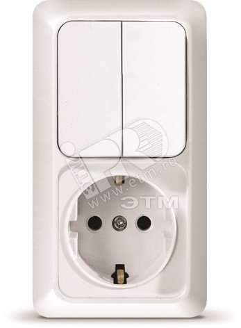 Изображение товара Блок выключатель двуклавишный с розеткой с заземлением Олимп белый