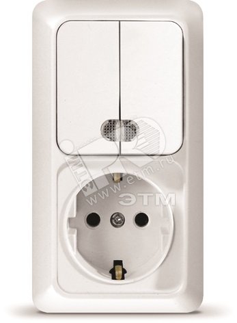 Изображение товара Блок выключатель двуклавишный c подсветкой + розетка с заземлением Олимп вертикальный белый (шт)