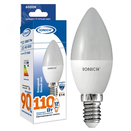 Изображение товара Лампа светодиодная IONICH декоративного освещения свеча C37 12Вт 1080Лм 230В 6500К E14 (шт)