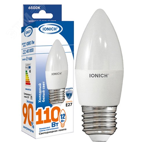 Изображение товара Лампа светодиодная IONICH декоративного освещения свеча C37 12Вт 1080Лм 230В 6500К E27 (шт)