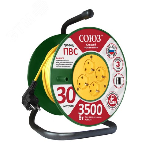 Изображение товара Удлинитель Союз силовой на катушке с 4 гнезда 3500 Вт с заземлением 30м (шт)
