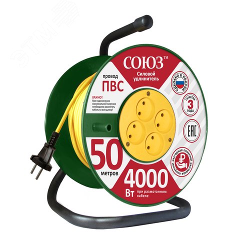 Изображение товара Удлинитель силовой Союз на катушке 4 гнезда 4000 Вт 50м (шт)