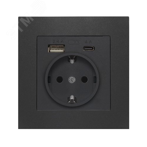 Изображение товара Розетка скрытой установки, с заземлением, c USB Type-A 2.4А+ Type-C 4A серия Афина , 220В, механизм, графит (шт)