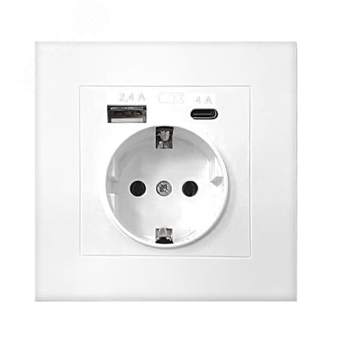 Изображение товара Розетка скрытой установки, с заземлением, c USB Type-A 2.4А+ Type-C 4A серия Афина , 220В, механизм, белая (шт)