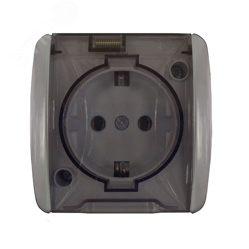 Изображение товара Клио розетка одноместная с прозрачной крышкой Клио, IP54, с/з, о/у, 16А, 220В, серый (еврослот) (шт)