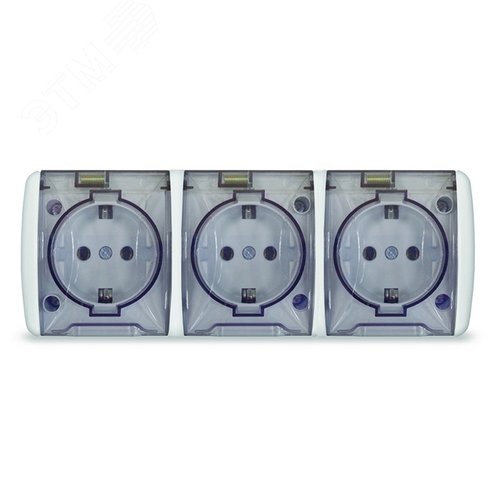 Изображение товара Клио розетка наружная трехместная с прозрачной крышкой IP54, с/з, о/у, 16А, 220В, белая (шт)