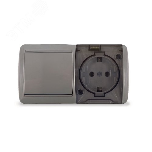 Изображение товара Клио блок наружный горизонтальный: выключатель одноклавишный + розетка одноместная с прозрачной крышкой, IP54, с/з, 16А, 220В, серый (шт)