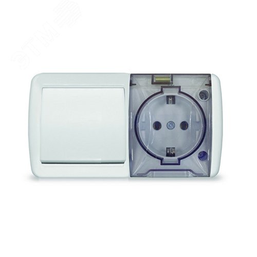 Изображение товара Клио блок наружный горизонтальный: выключатель одноклавишный + розетка однопостовая с прозрачной крышкой, IP54, с/з, 16А, 220В, белый (шт)