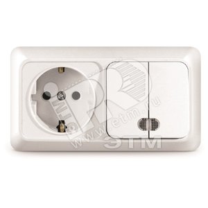 Изображение товара Блок выключатель двуклавишный c подсветкой + розетка с заземлением Олимп горизонтальный белый (шт)