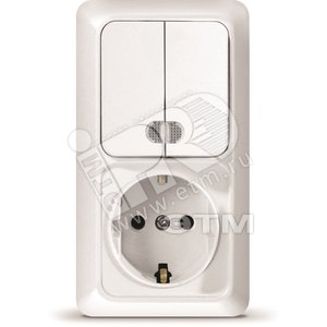 Изображение товара Блок выключатель двуклавишный c подсветкой + розетка с заземлением Олимп вертикальный белый (шт)