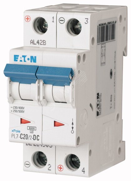 Выключатель автоматический для защиты цепей постоянного тока 20А кривая отключения C двухполюсный отключающая способность 6 кА PL7-C20/2-DC 264903 EATON