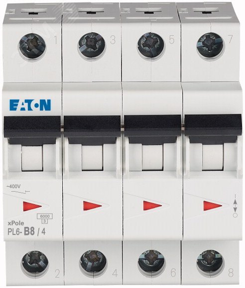 Автоматический выключатель 8А, кривая отключения B, 4 полюс, отключающая способность 6 кА PL6-B8/4 0000166507 EATON