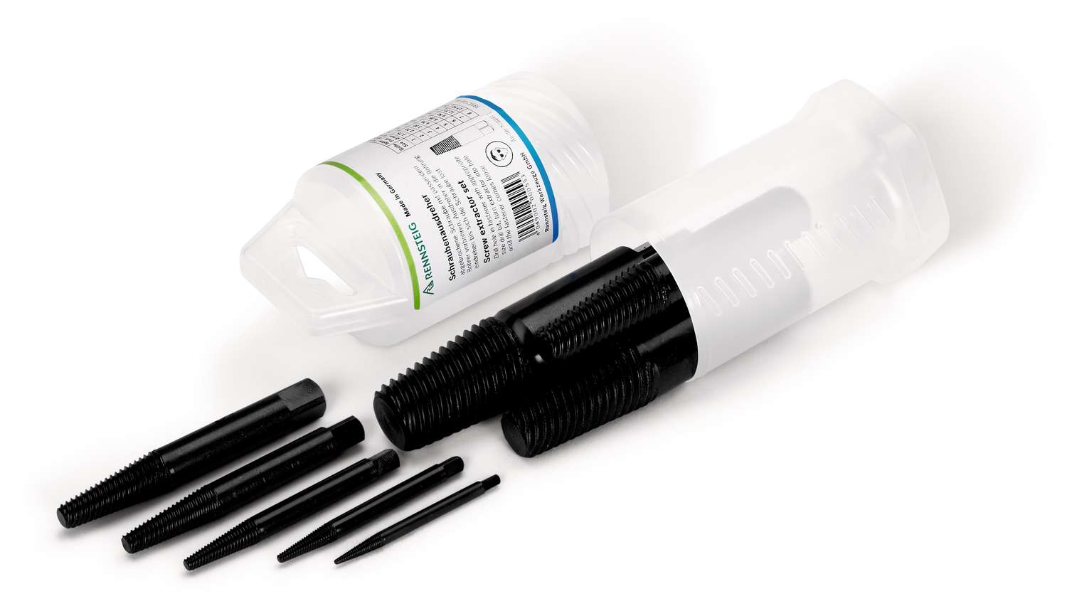 Набор экстракторов спиральных, 8 предметов, N1/2/3/4/5/6/7/8, M3 - M45, пластиковый цилиндрический кейс, для правой резьбы