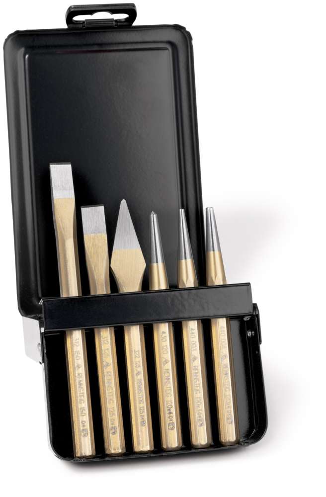 Набор инструментов по металлу, 6 предметов (Зубила плоские 125/150 мм, Крейцмейсель 125 мм, Кернер 4 мм, Пробойники 3/4 мм, металлический кейс)