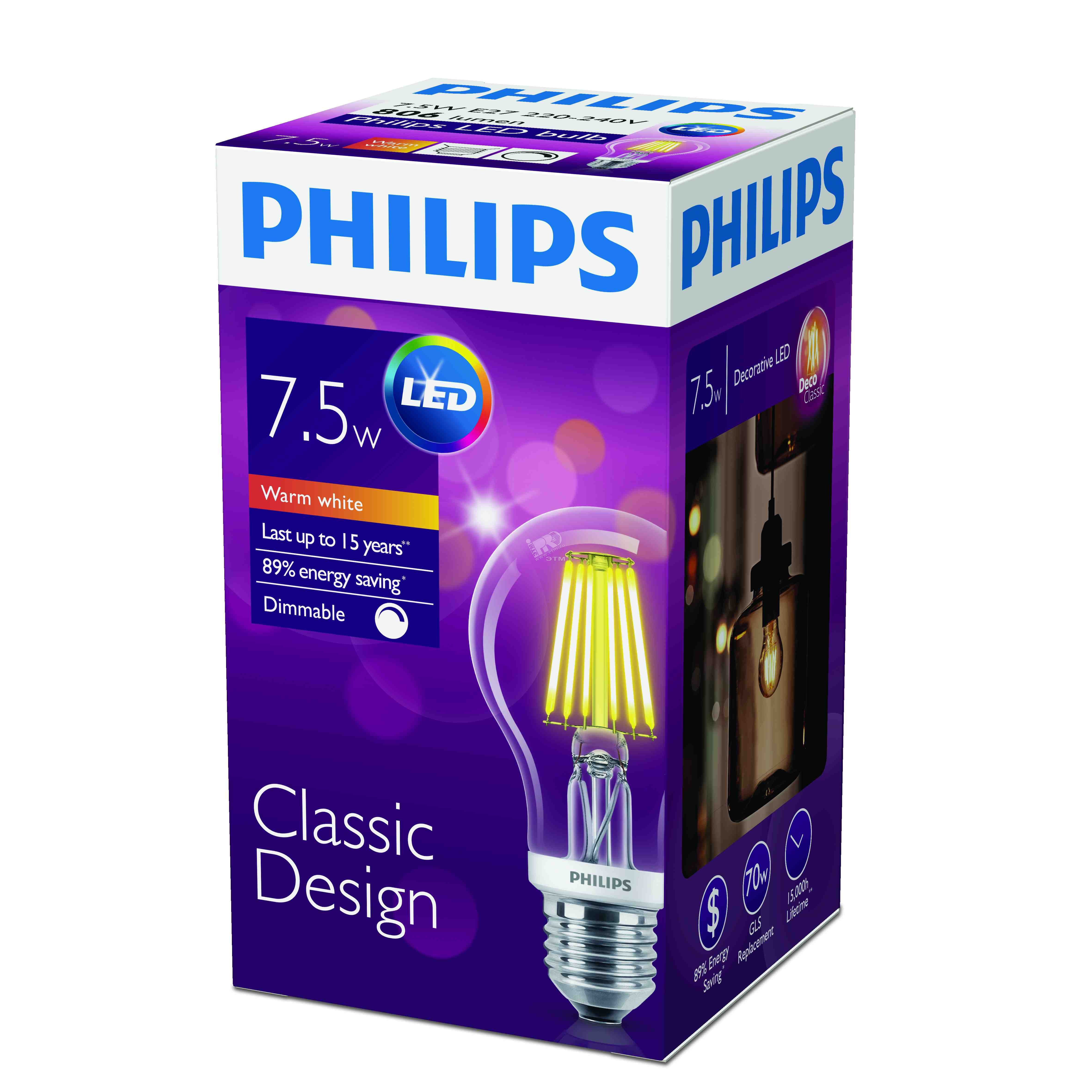Лампа светодиодная LED 7.5(70)Вт Е27 2700К A60 прозрачная дим филамент 929001228008 PHILIPS Lightning - превью 2