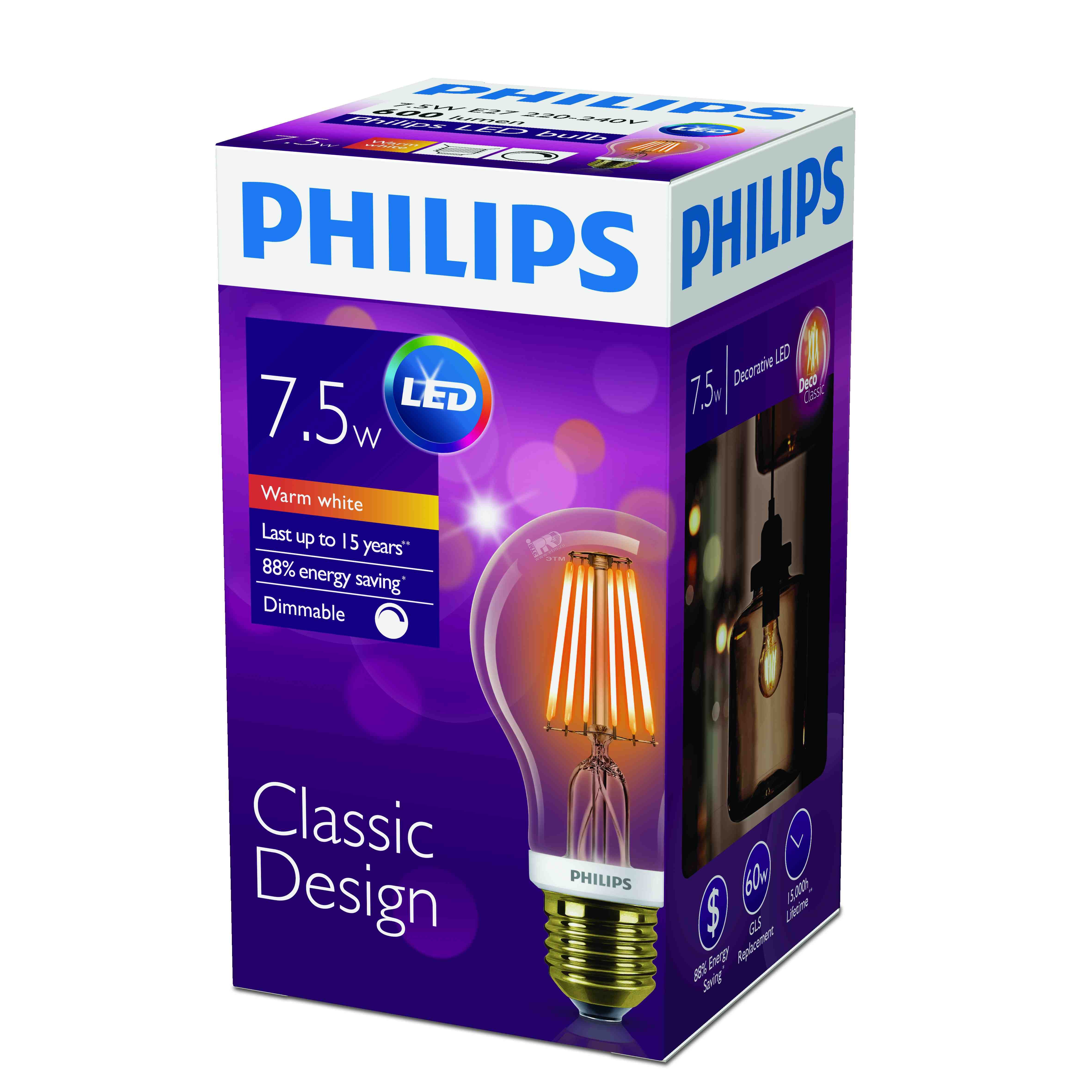 Лампа светодиодная LED 7.5(60)Вт Е27 2000К А60 золото филамент 929001228108 PHILIPS Lightning - превью 2