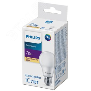 Лампа светодиодная LED A60 7 Вт 500 Лм 3000 К E27 К 220-240 В IP20 Ra 80-89 (класс 1В) EcohomeLED 929002298617 PHILIPS Lightning