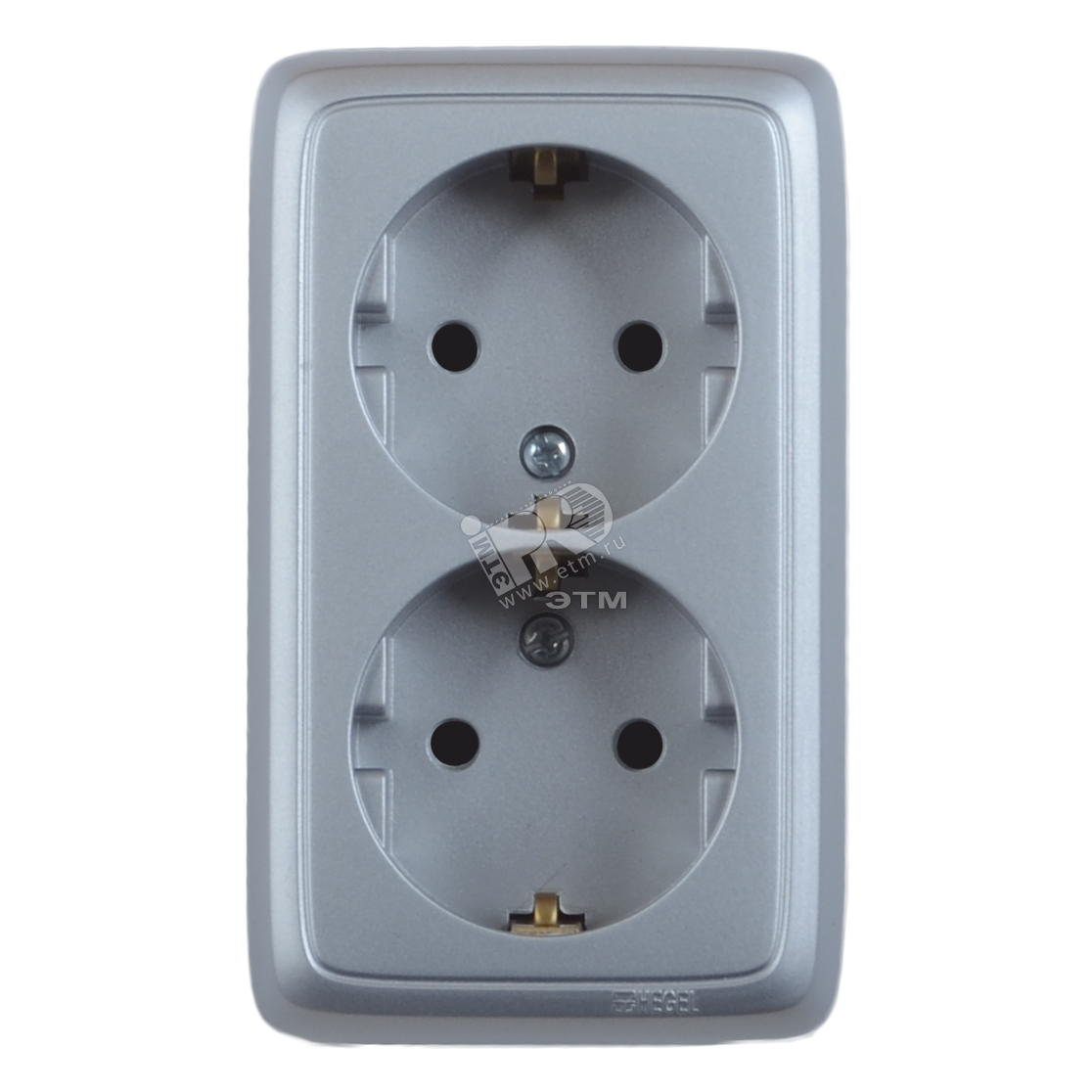 Изображение товара Розетка двойная наружная с заземлением с изоляционной пластиной серебро (шт)