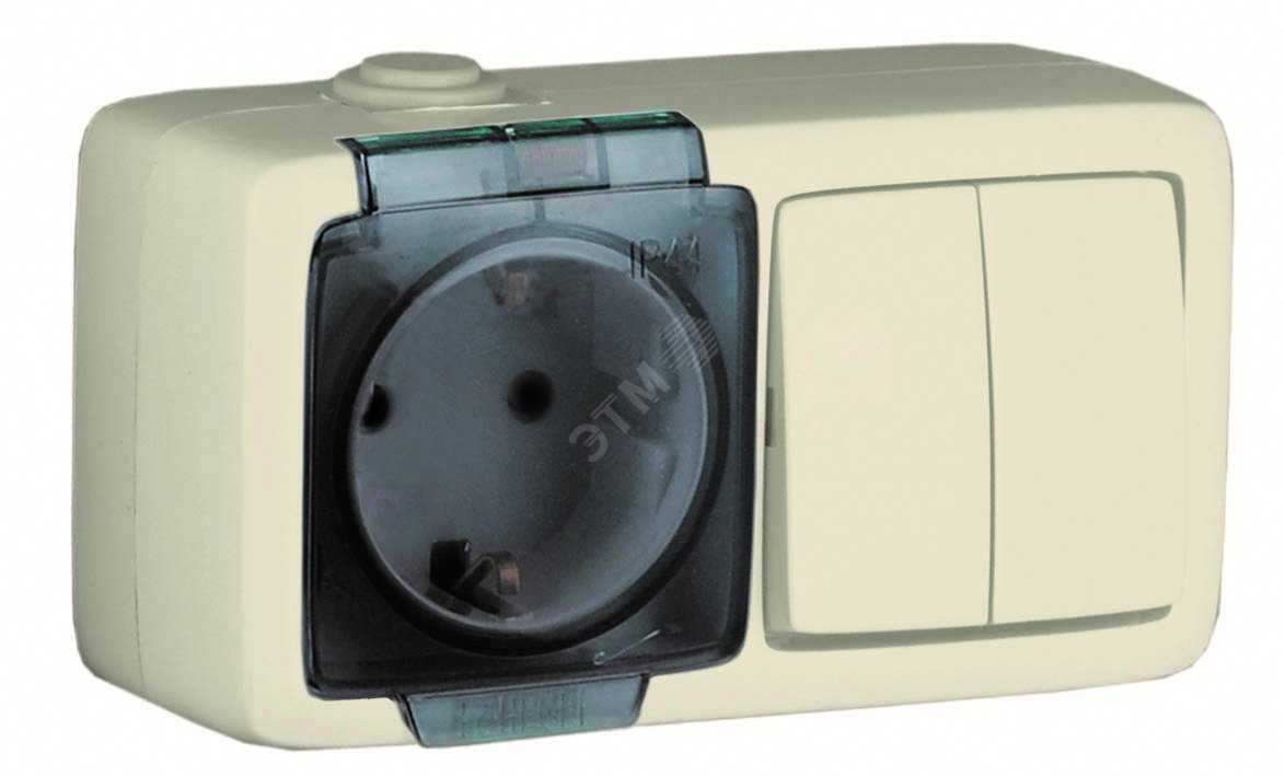 Изображение товара Блок с пылевлагозащитой Alfa IP44 с двумя клавишами и заземлением