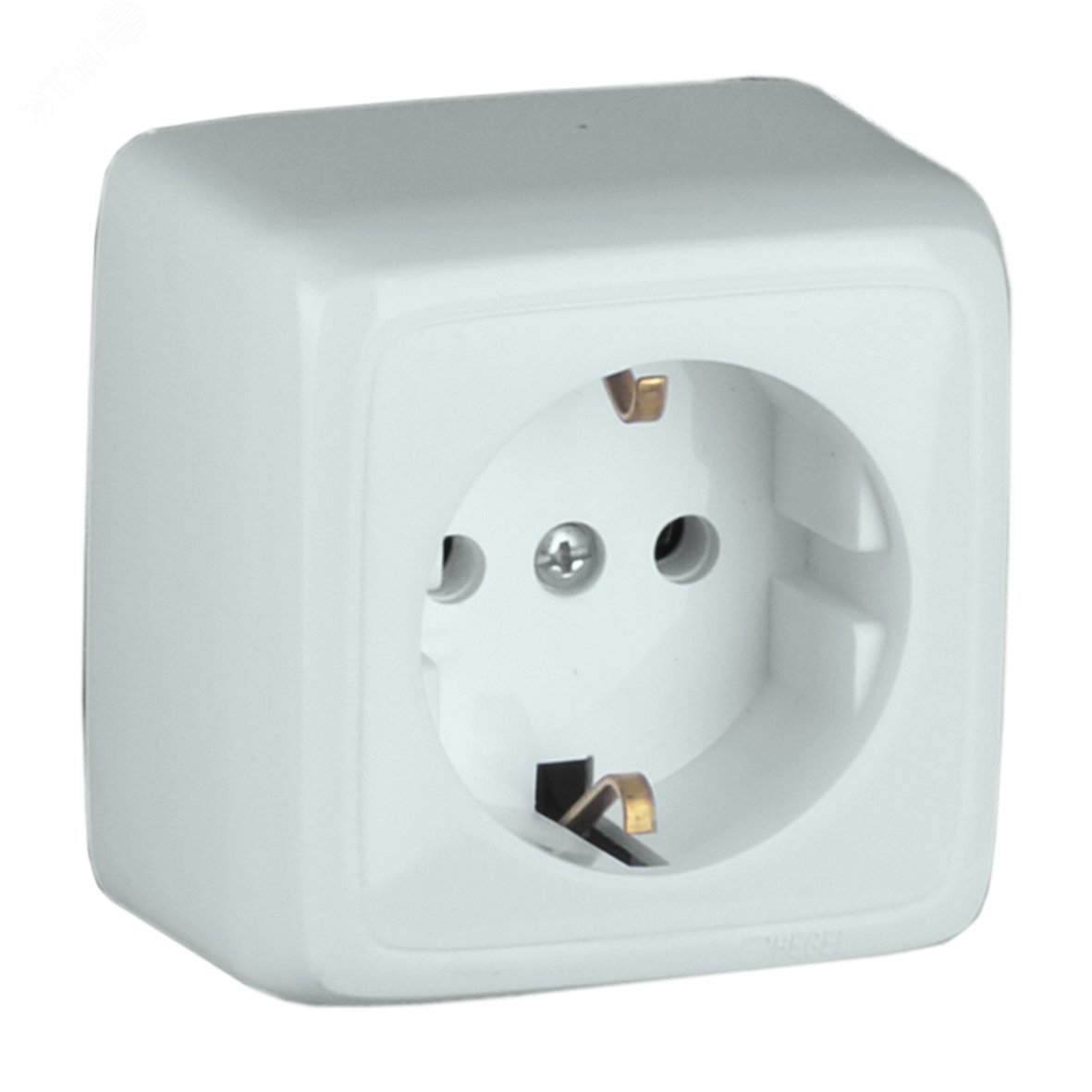 Изображение товара Розетка наружная с заземлением с изоляционной пластиной со шторками белая (шт)