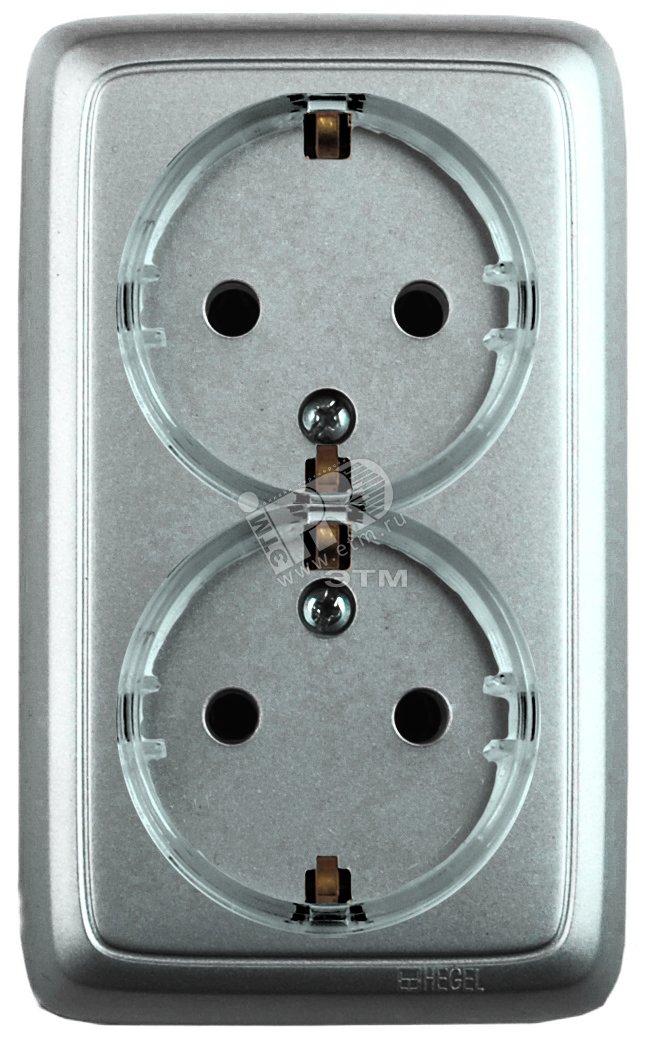 Изображение товара Розетка двойная наружная с заземлением шторками серебро HEGEL