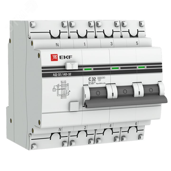 Выключатель автоматический дифференциальный АД-32 4п 32А 100мА С PROxima DA32-32-100-4P-pro EKF - превью 2