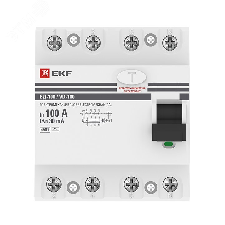 Выключатель дифференциального тока (УЗО) ВД-100 4P 100А/30мА (электромеханическое) PROxima elcb-4-100-30-em-pro EKF - превью 3
