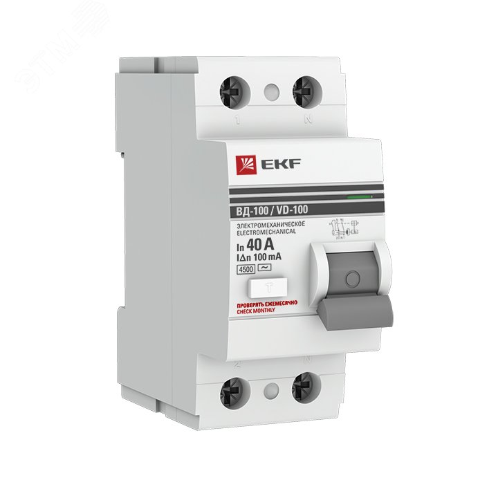 Выключатель дифференциального тока (УЗО) ВД-100 2P 40А/100мА (электромеханическое) PROxima elcb-2-40-100-em-pro EKF - превью 2