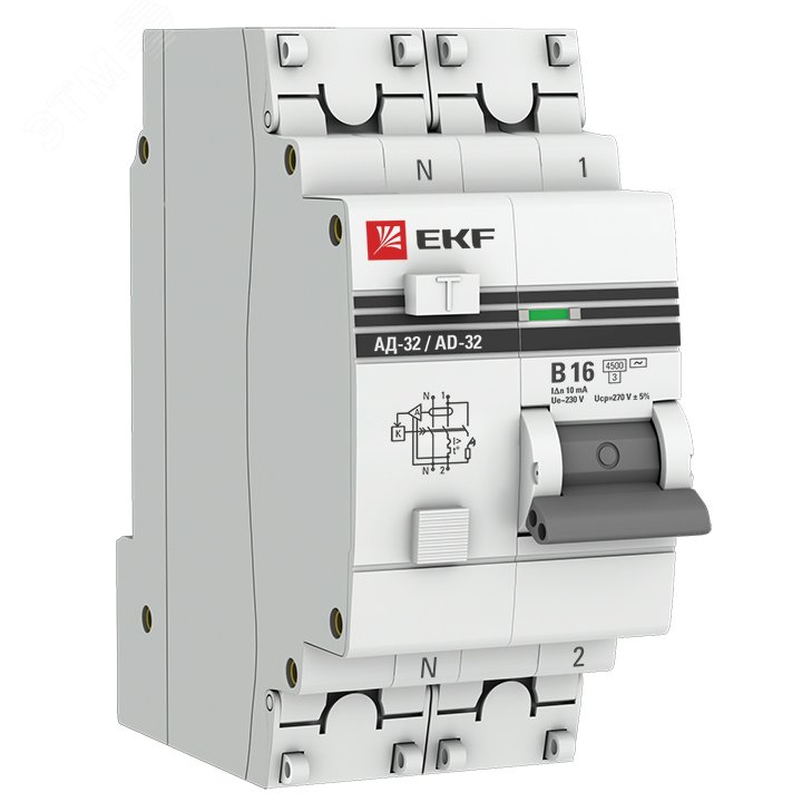 Дифференциальный автомат АД-32 1P+N 16А/10мА (хар. B, AC, электронный, защита 270В) 4,5кА PROxima DA32-16-B-10-pro EKF - превью 2