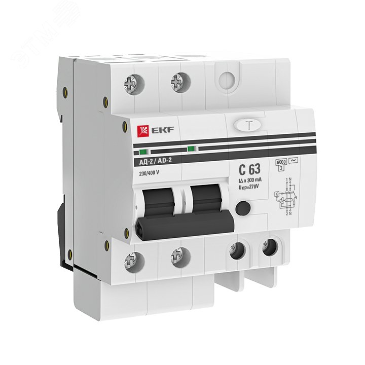 Дифференциальный автомат АД-2 63А/300мА (хар. C, AC, электронный, защита 270В) 6кА PROxima DA2-6-63-300-pro EKF - превью 2