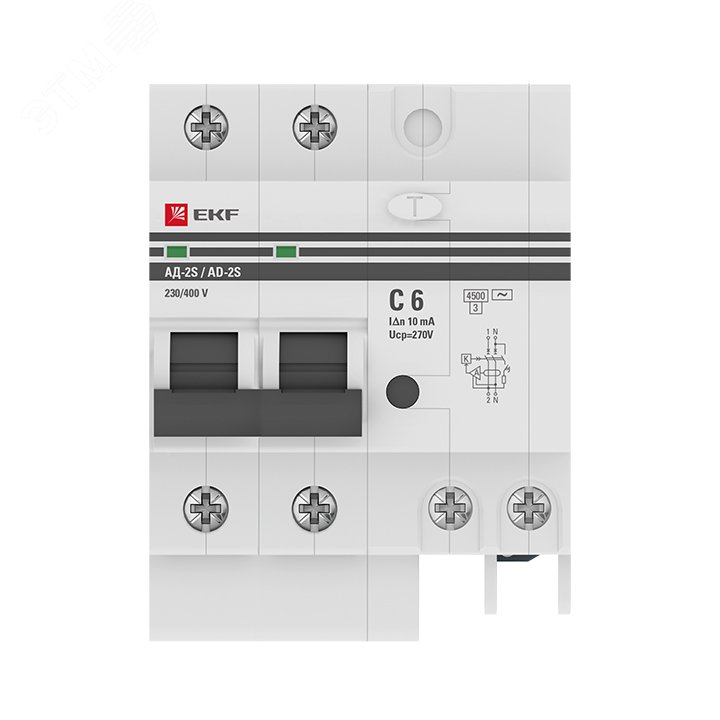 Дифференциальный автомат АД-2 6А/10мА (х-ка C, АС, электронный, защита 270В) 4,5кА PROxima DA2-06-10-pro EKF - превью 3