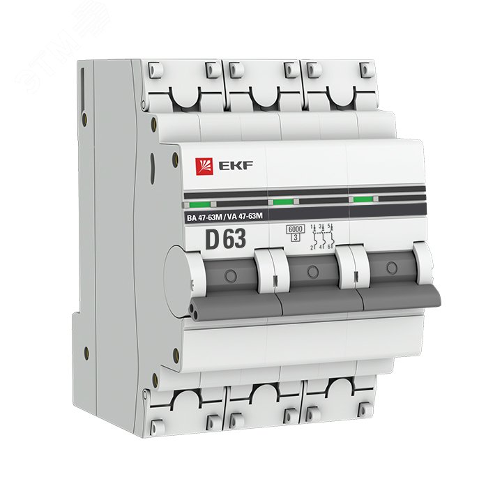 Автоматический выключатель 3P 63А (D) 6кА ВА 47-63M c одним магнитным расцепителем mcb4763m-6-3-63D-pro EKF - превью