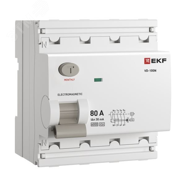 Изображение товара Выключатель дифференциального тока 4P 80А 30мА PROXIMA EKF ВД-100N
